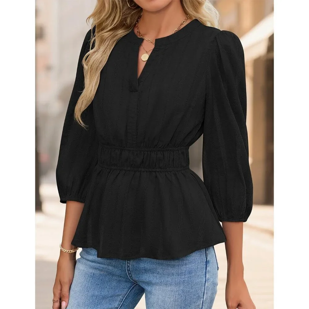 Women's Cotton Babydoll Tops V-Neck Puff Sleeve Casual Dressy Fall - Picture 3 of 7